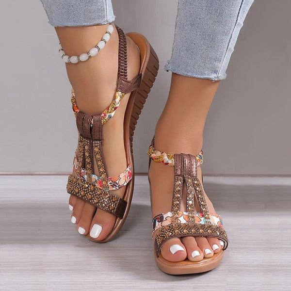 Bonvive | Women's Summer Sandals – Bohemian Wedges with Rhinestones | Comfortable Platform 