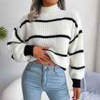 Bonvive | Women's High Neck Striped Sweater – Cozy Long Sleeve Knit