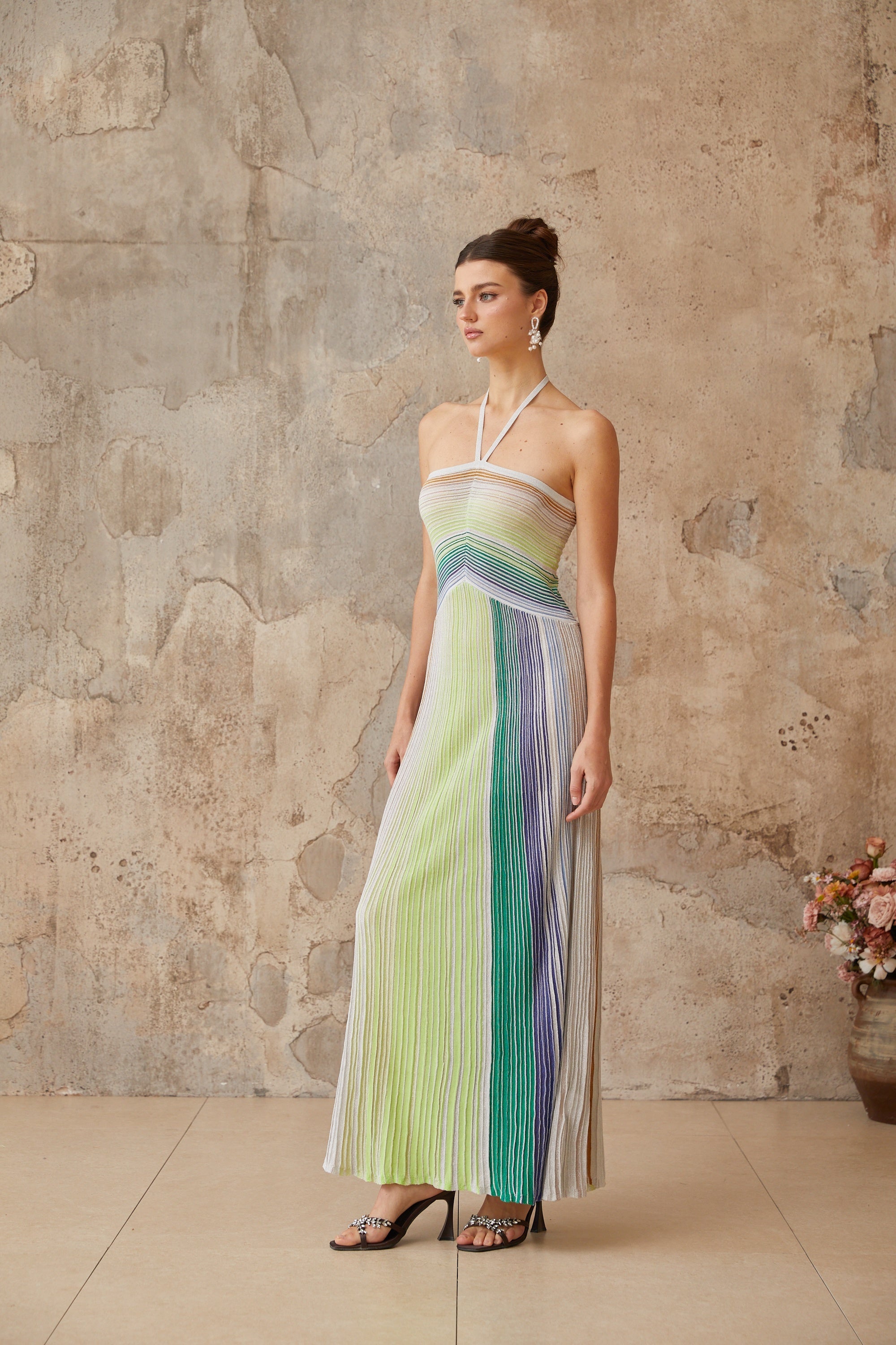 Bonvieve | Luxury Knitted Maxi Dress with Halter Neck – Ulysse Green Metallic