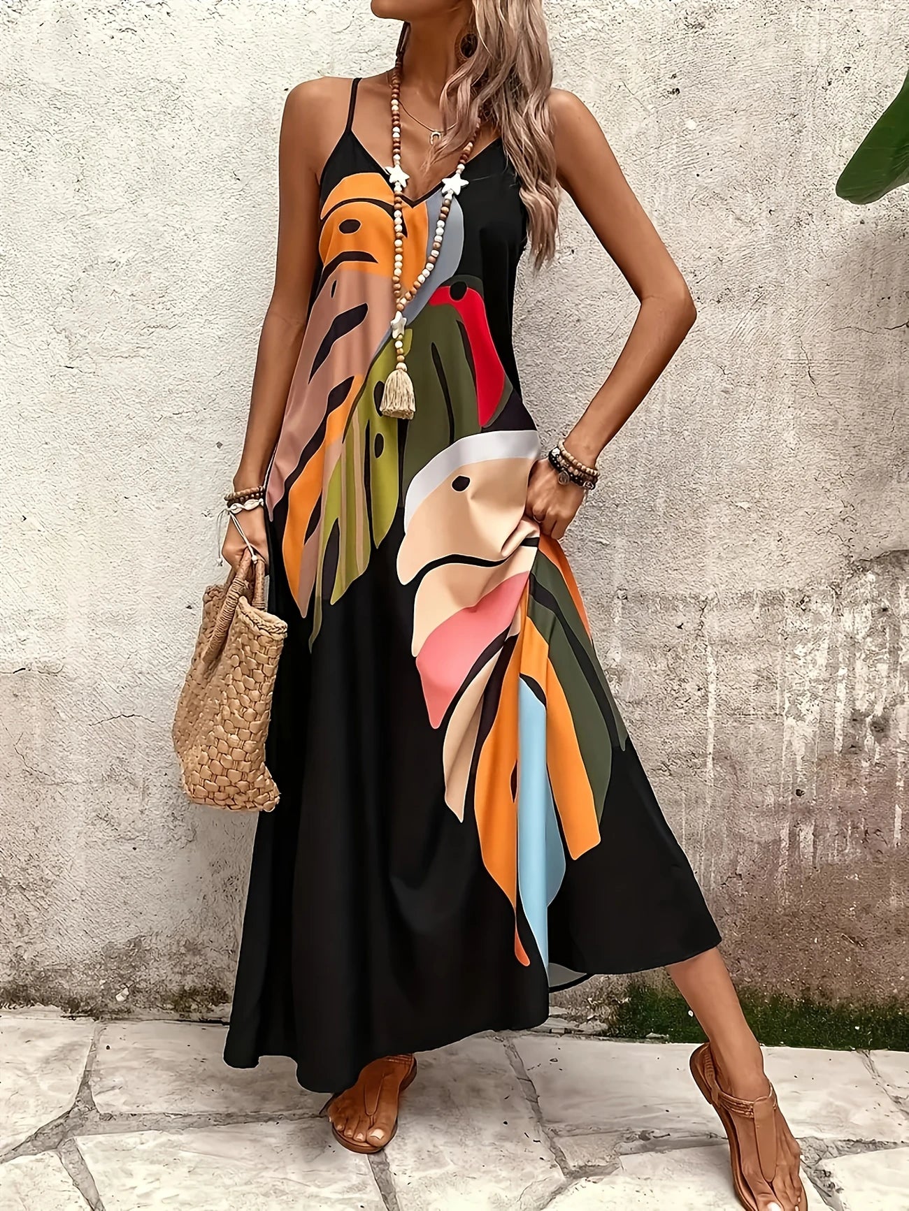 Fashionable Summer Dress – Spaghetti Straps, Printed Design & Comfortable Fit