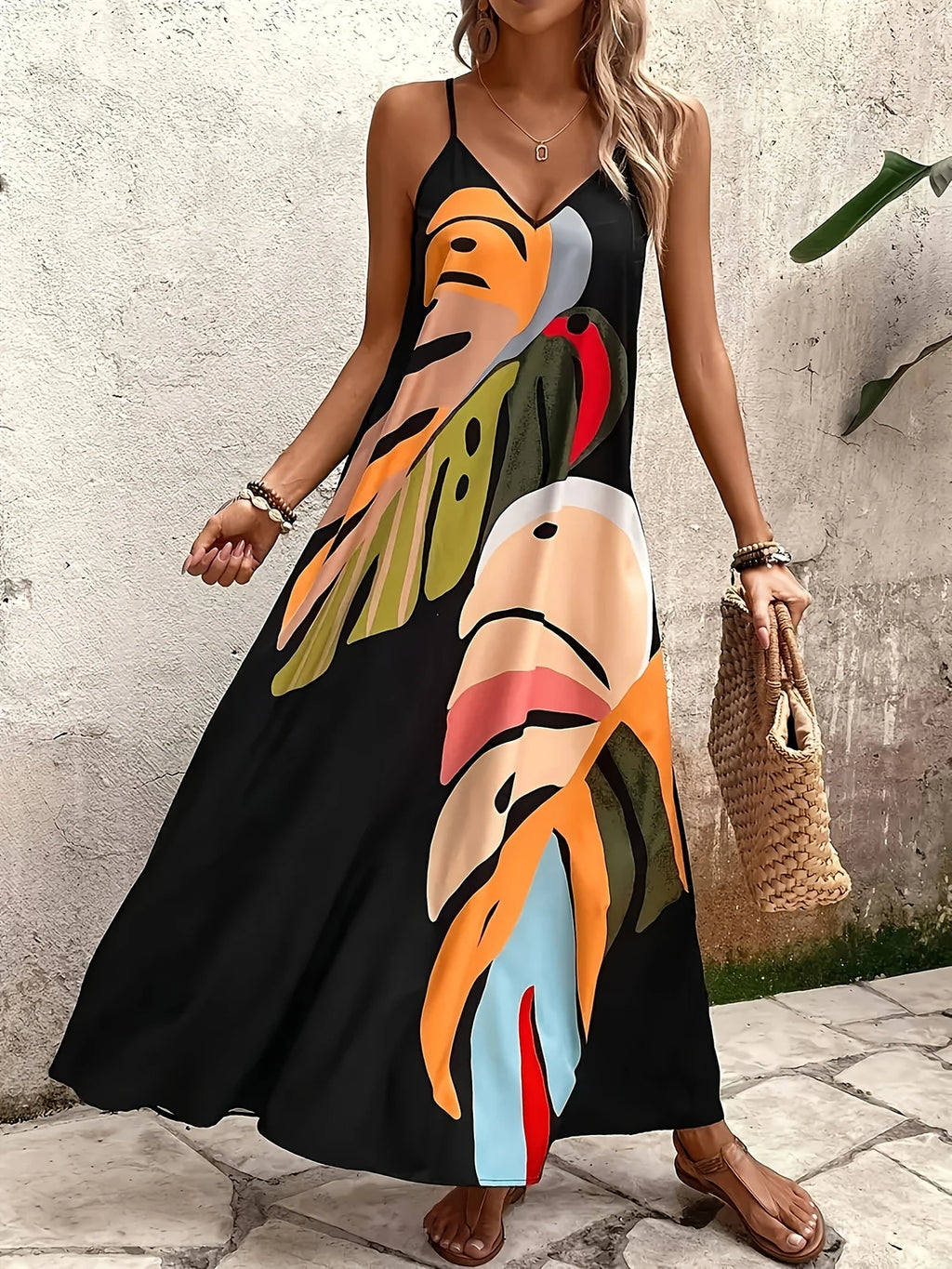 Fashionable Summer Dress – Spaghetti Straps, Printed Design & Comfortable Fit