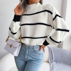 Bonvive | Women's High Neck Striped Sweater – Cozy Long Sleeve Knit