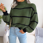 Bonvive | Women's High Neck Striped Sweater – Cozy Long Sleeve Knit