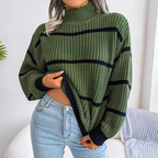 Bonvive | Women's High Neck Striped Sweater – Cozy Long Sleeve Knit