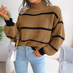 Bonvive | Women's High Neck Striped Sweater – Cozy Long Sleeve Knit
