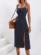 Bonvieve | Elegante Marineblauwe Polkadot Midi Jurk