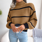 Bonvive | Women's High Neck Striped Sweater – Cozy Long Sleeve Knit