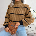 Bonvive | Women's High Neck Striped Sweater – Cozy Long Sleeve Knit