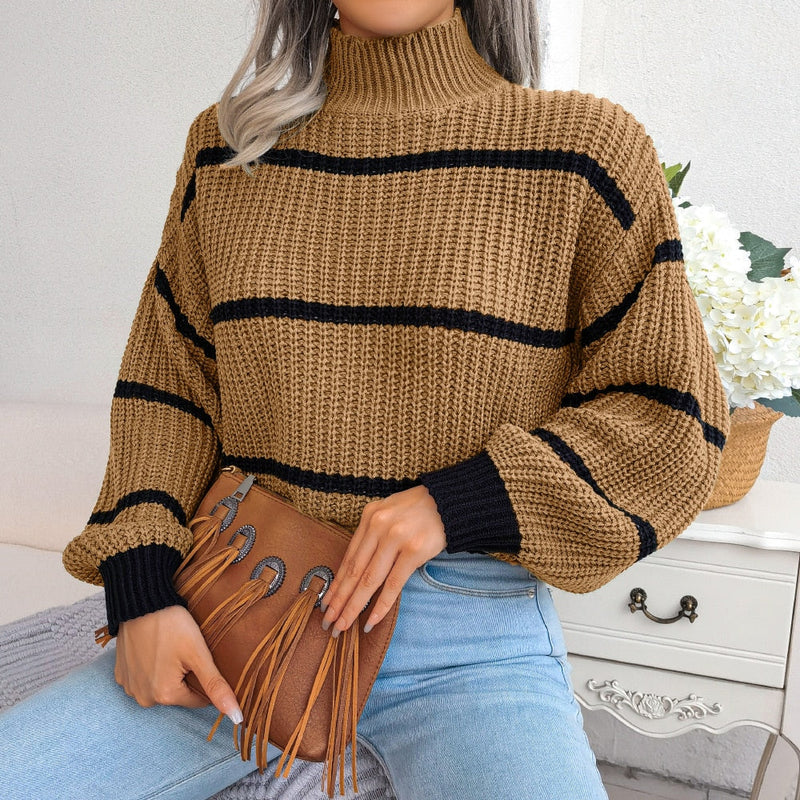 Bonvive | Women's High Neck Striped Sweater – Cozy Long Sleeve Knit