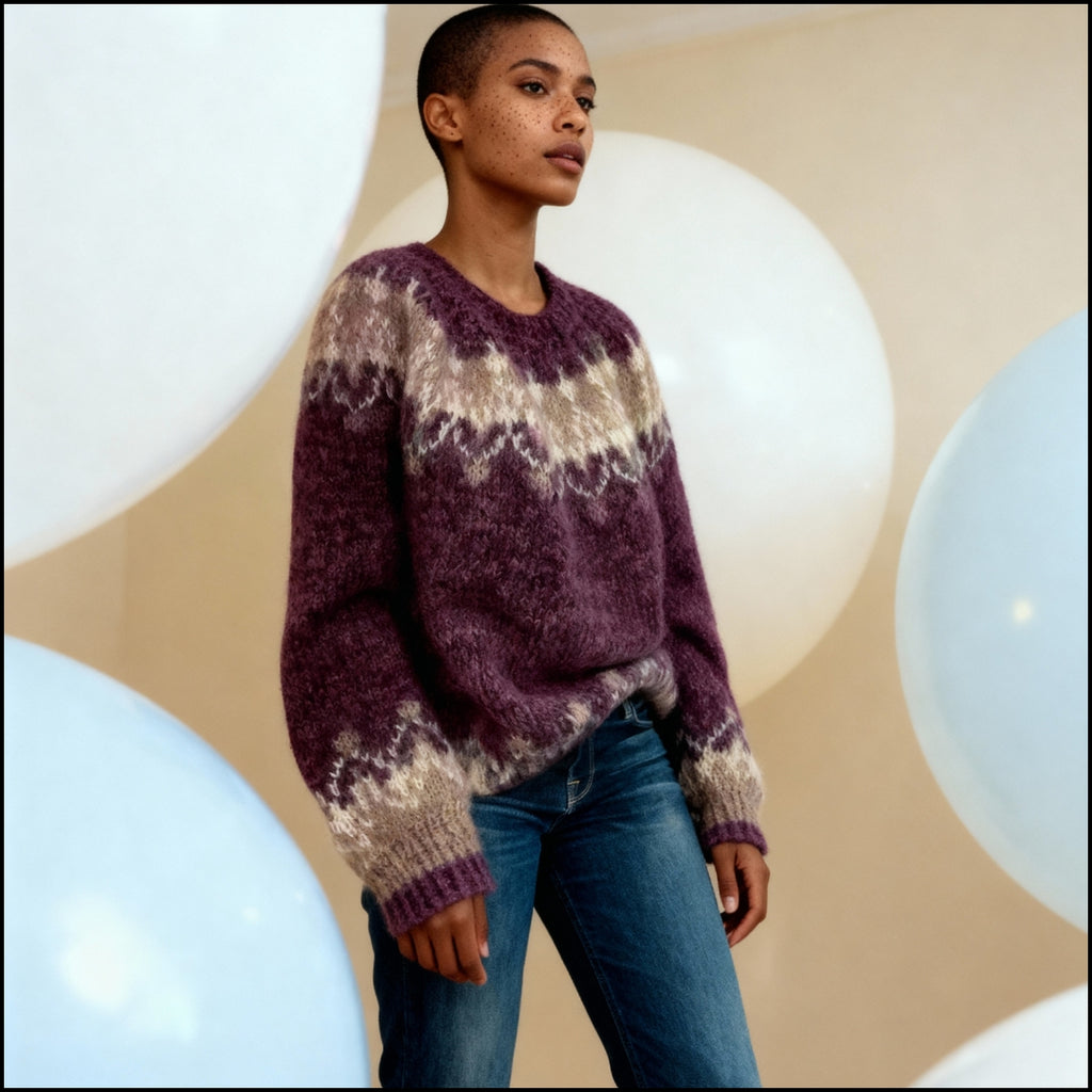 Elegante Vintage Gebreide Trui – Warme O-hals Winterknuffel met Stijlvolle Patchwork Touch