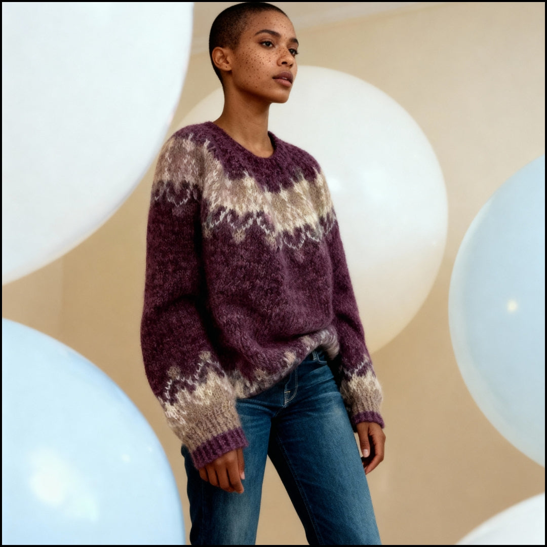 Elegante Vintage Gebreide Trui – Warme O-hals Winterknuffel met Stijlvolle Patchwork Touch