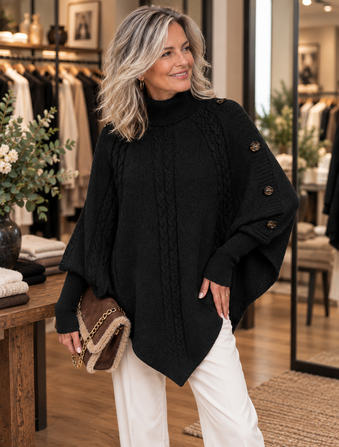 Elodie | Elegant High-Neck Cable Knit Poncho