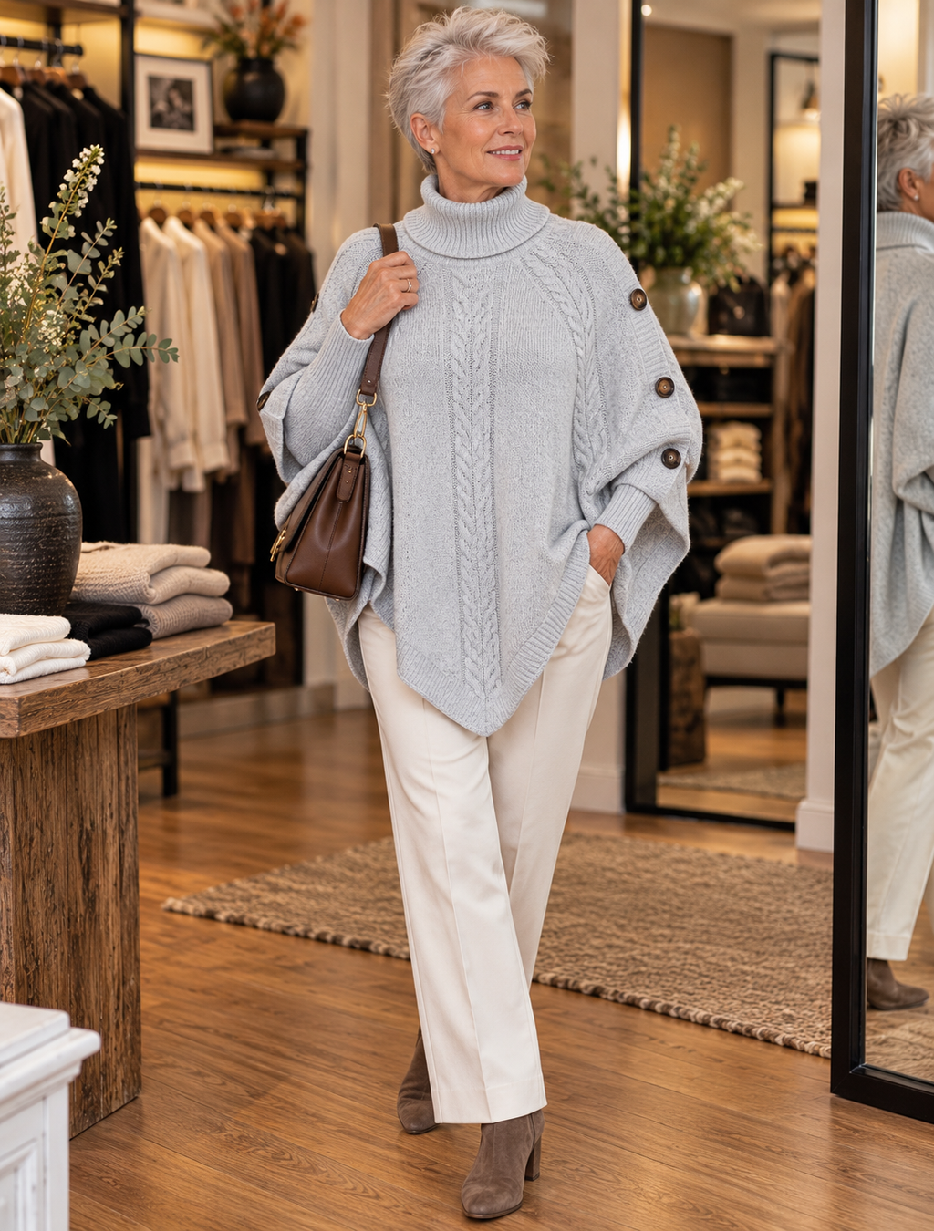 Elodie | Elegant High-Neck Cable Knit Poncho