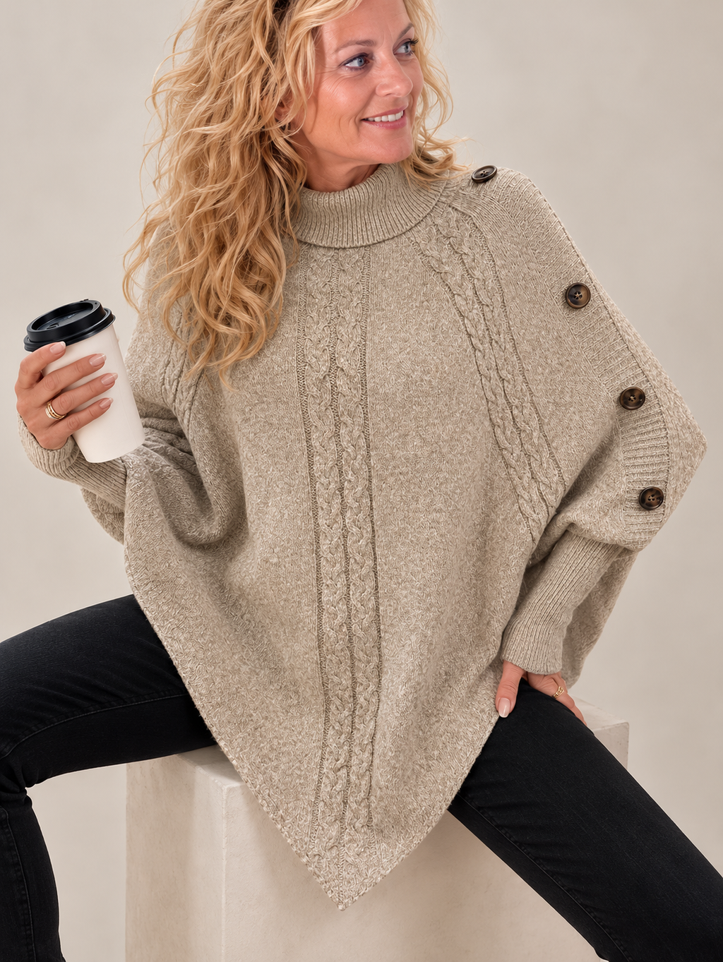 Elodie | Elegant High-Neck Cable Knit Poncho
