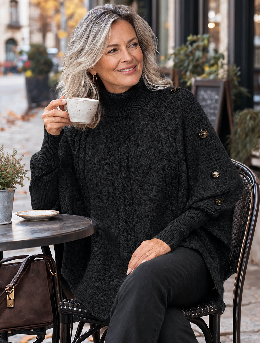 Elodie | Elegant High-Neck Cable Knit Poncho