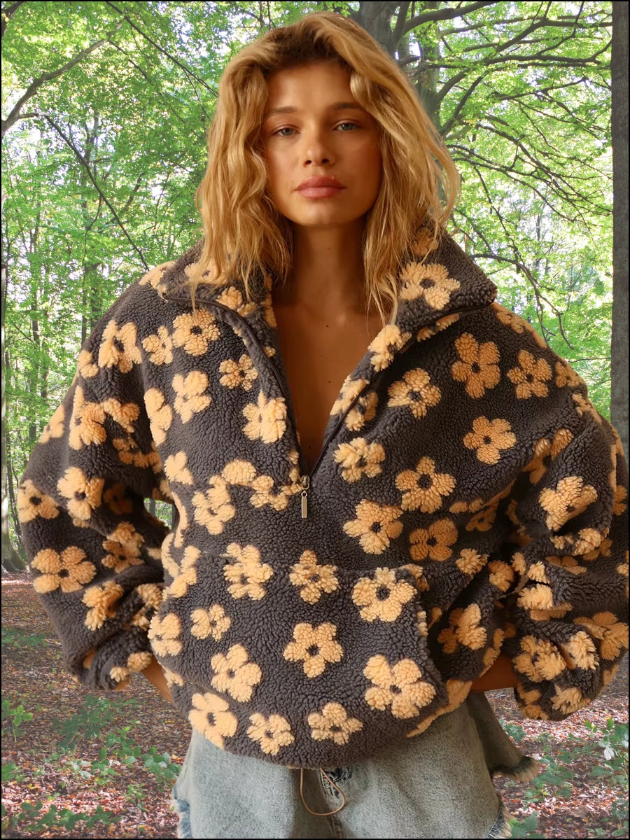 Warme Bloemen Fleece Sweater – Zachte Sherpa Pullover voor Dames