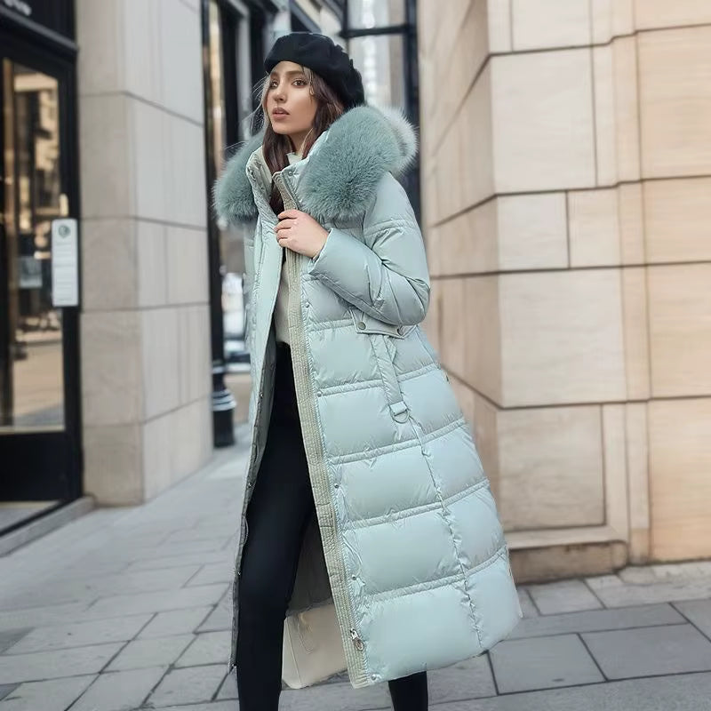 Long Winter Coat for Women with Fur Collar – Warm Padded Parka with Waistband