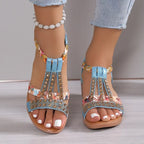 Bonvieve | Women’s Summer Sandals – Bohemian Wedge Heels with Rhinestones | Comfortable Platform