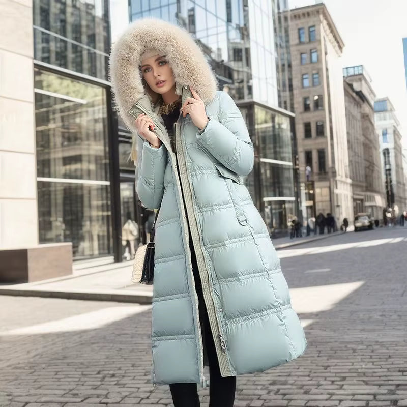 Long Winter Coat for Women with Fur Collar – Warm Padded Parka with Waistband