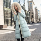 Long Winter Coat for Women with Fur Collar – Warm Padded Parka with Waistband