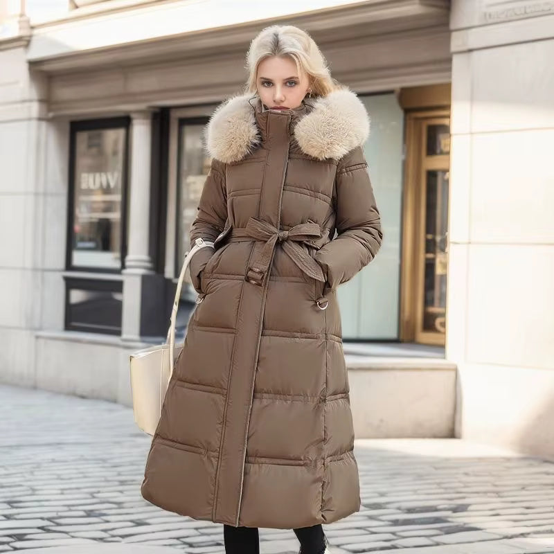 Long Winter Coat for Women with Fur Collar – Warm Padded Parka with Waistband
