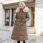 Long Winter Coat for Women with Fur Collar – Warm Padded Parka with Waistband
