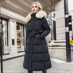 Long Winter Coat for Women with Fur Collar – Warm Padded Parka with Waistband