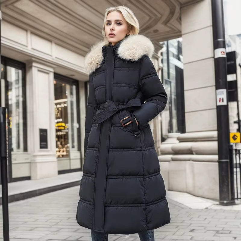 Long Winter Coat for Women with Fur Collar – Warm Padded Parka with Waistband