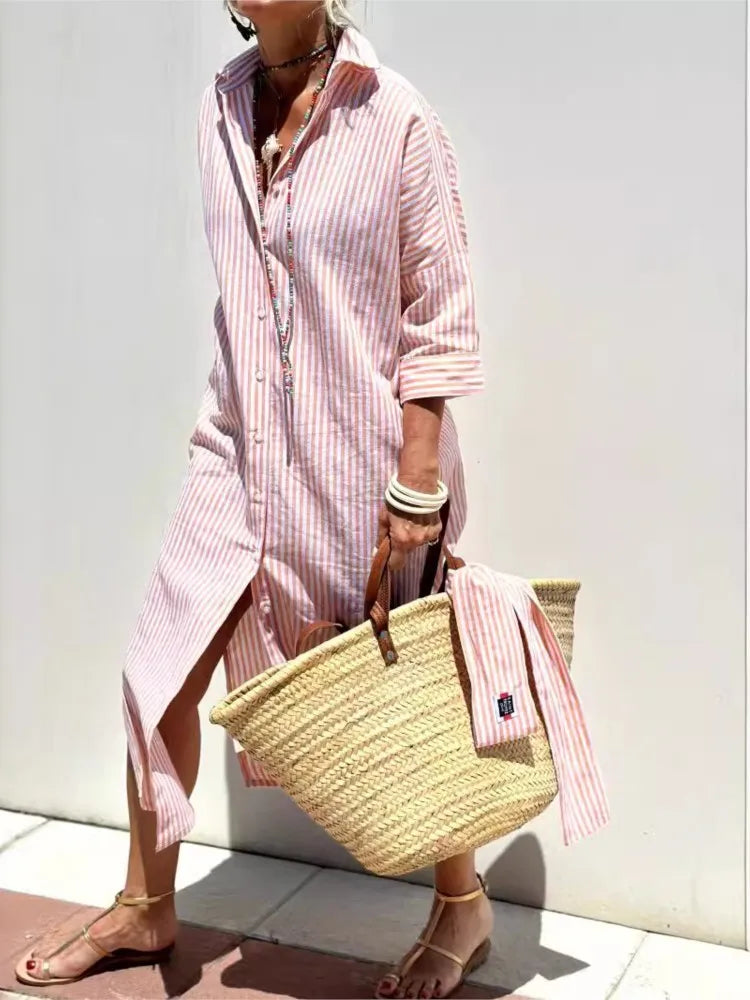 Bonvieve | Stijlvolle Gestreepte Voorjaarsjurk – Elegante Overhemdenstijl met Ceintuur, Split & Reverskraag | Perfect voor Werk & Vrije Tijd