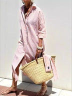 Bonvieve | Stijlvolle Gestreepte Voorjaarsjurk – Elegante Overhemdenstijl met Ceintuur, Split & Reverskraag | Perfect voor Werk & Vrije Tijd