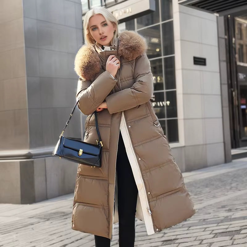 Long Winter Coat for Women with Fur Collar – Warm Padded Parka with Waistband