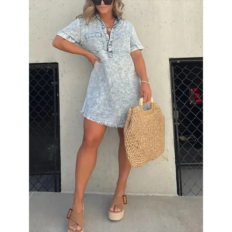 Casual Women's Short Sleeve Denim Dress with Buttons and Tassel Hem – Trendy Tunic Style