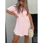 Casual Women's Short Sleeve Denim Dress with Buttons and Tassel Hem – Trendy Tunic Style