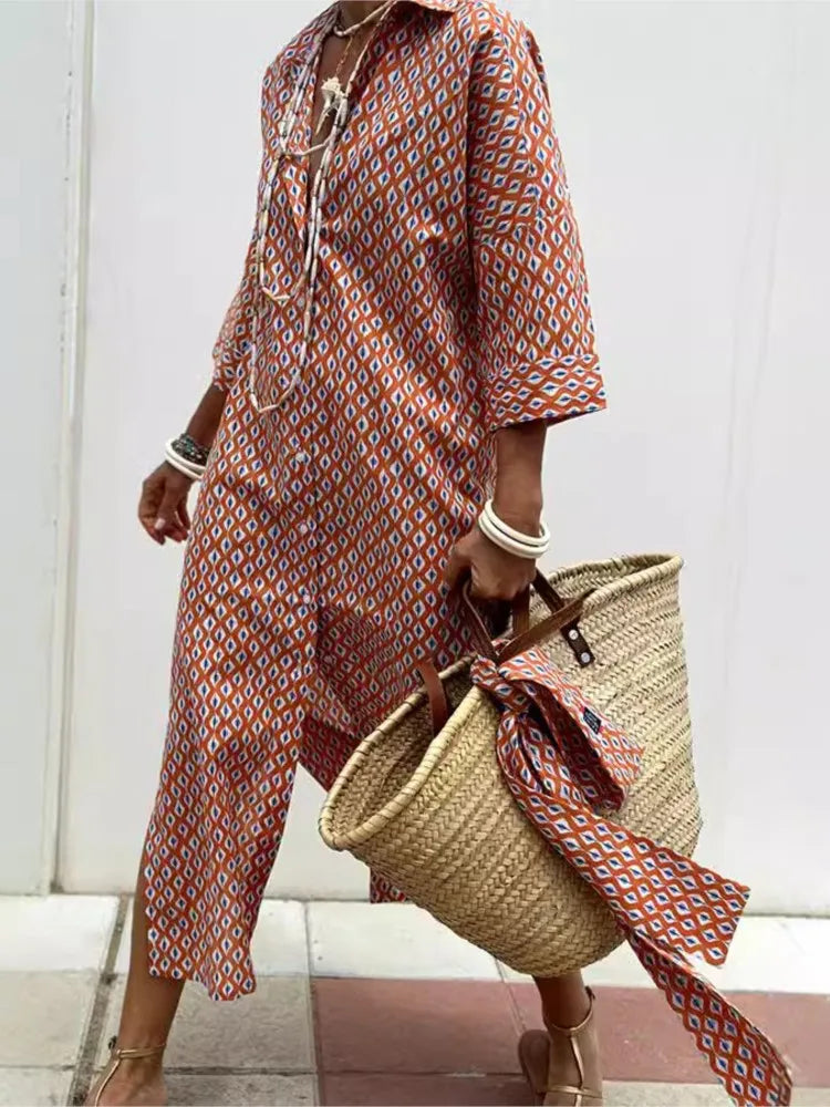 Bonvieve | Stijlvolle Gestreepte Voorjaarsjurk – Elegante Overhemdenstijl met Ceintuur, Split & Reverskraag | Perfect voor Werk & Vrije Tijd