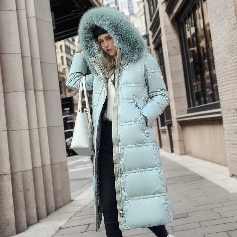 Long Winter Coat for Women with Fur Collar – Warm Padded Parka with Waistband