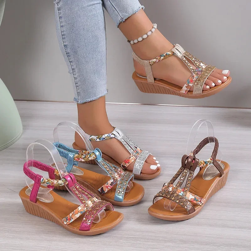 Bonvive | Women's Summer Sandals – Bohemian Wedges with Rhinestones | Comfortable Platform 