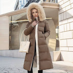 Long Winter Coat for Women with Fur Collar – Warm Padded Parka with Waistband