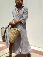 Bonvieve | Stijlvolle Gestreepte Voorjaarsjurk – Elegante Overhemdenstijl met Ceintuur, Split & Reverskraag | Perfect voor Werk & Vrije Tijd