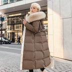 Long Winter Coat for Women with Fur Collar – Warm Padded Parka with Waistband
