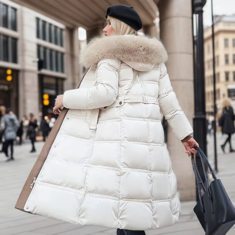 Long Winter Coat for Women with Fur Collar – Warm Padded Parka with Waistband