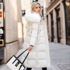 Long Winter Coat for Women with Fur Collar – Warm Padded Parka with Waistband