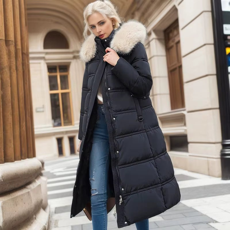 Long Winter Coat for Women with Fur Collar – Warm Padded Parka with Waistband