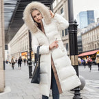 Long Winter Coat for Women with Fur Collar – Warm Padded Parka with Waistband