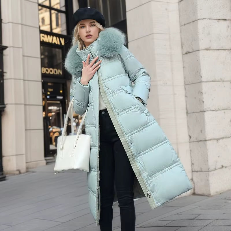 Long Winter Coat for Women with Fur Collar – Warm Padded Parka with Waistband