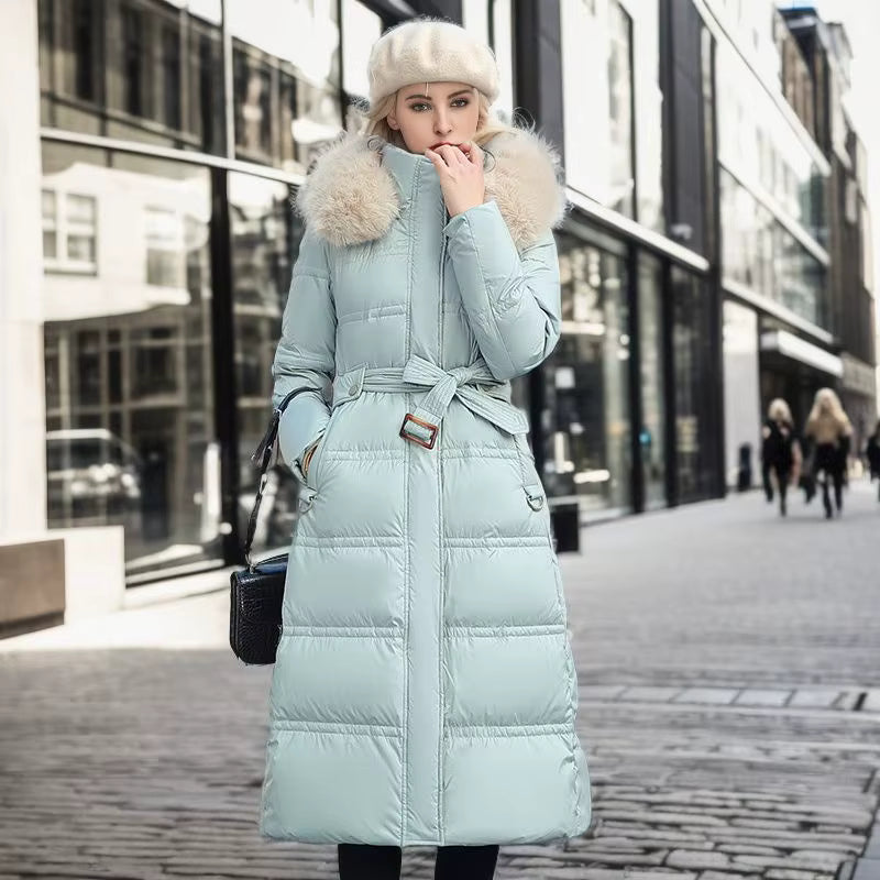 Long Winter Coat for Women with Fur Collar – Warm Padded Parka with Waistband
