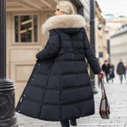 Long Winter Coat for Women with Fur Collar – Warm Padded Parka with Waistband