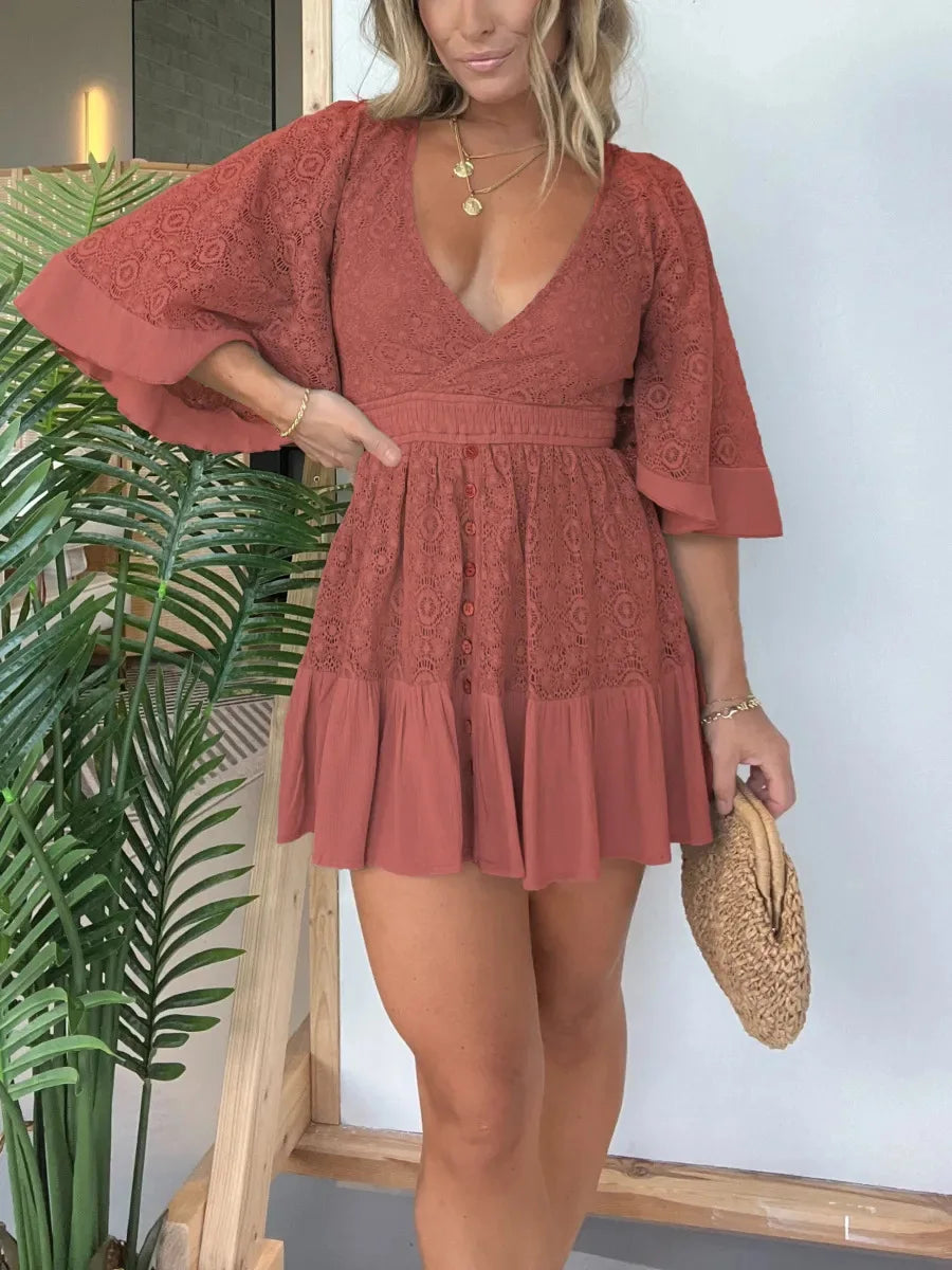 Bonvieve | Women’s Summer Romper Dress with Lace Details and Built-In Shorts