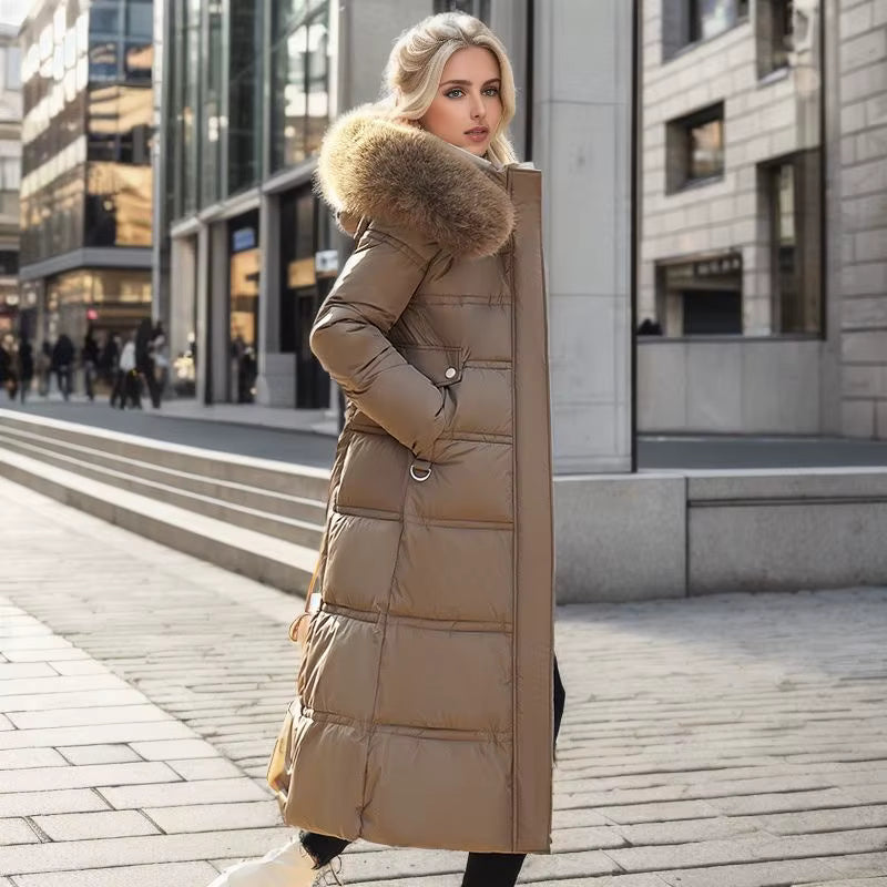 Long Winter Coat for Women with Fur Collar – Warm Padded Parka with Waistband