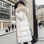 Long Winter Coat for Women with Fur Collar – Warm Padded Parka with Waistband