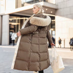 Long Winter Coat for Women with Fur Collar – Warm Padded Parka with Waistband
